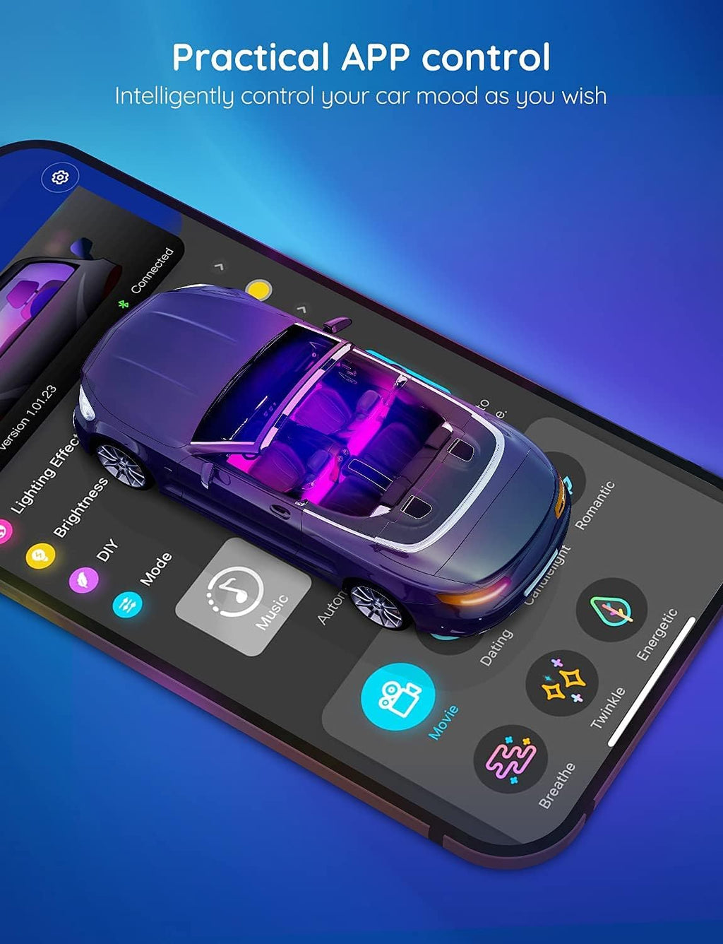 Interior Lights for Car, App Control Smart Car Lights with DIY Mode and Music Mode, Waterproof LED Interior Lights with 2 Lines Design, RGB under Dash Car LED Lights with Car Charger, DC 12V