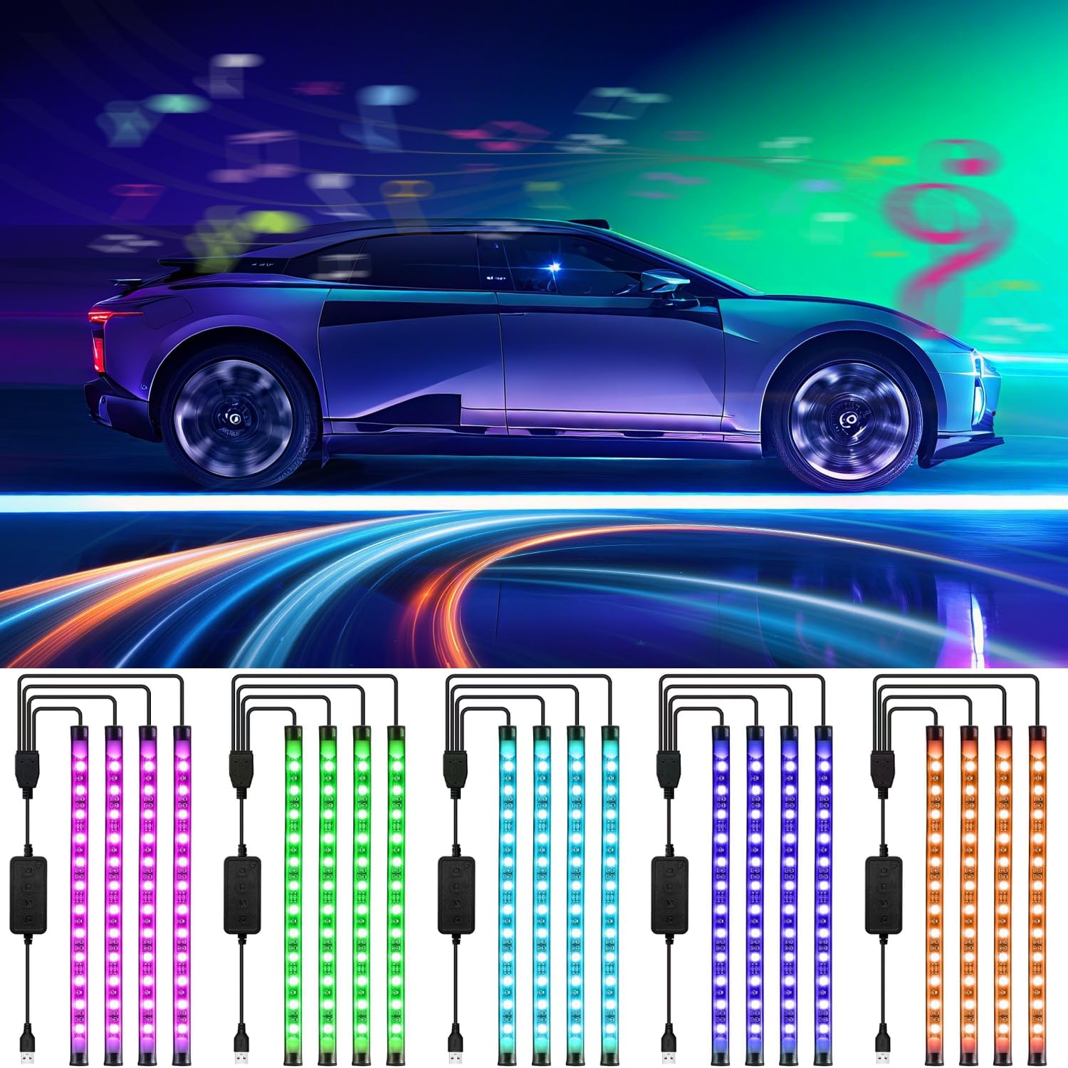 Smart Led Interior Car under Dash Lights with APP Rhythm Light Strip Multicolor Led Car Lights Kits, Sync Music,5V USB Car Led Lights