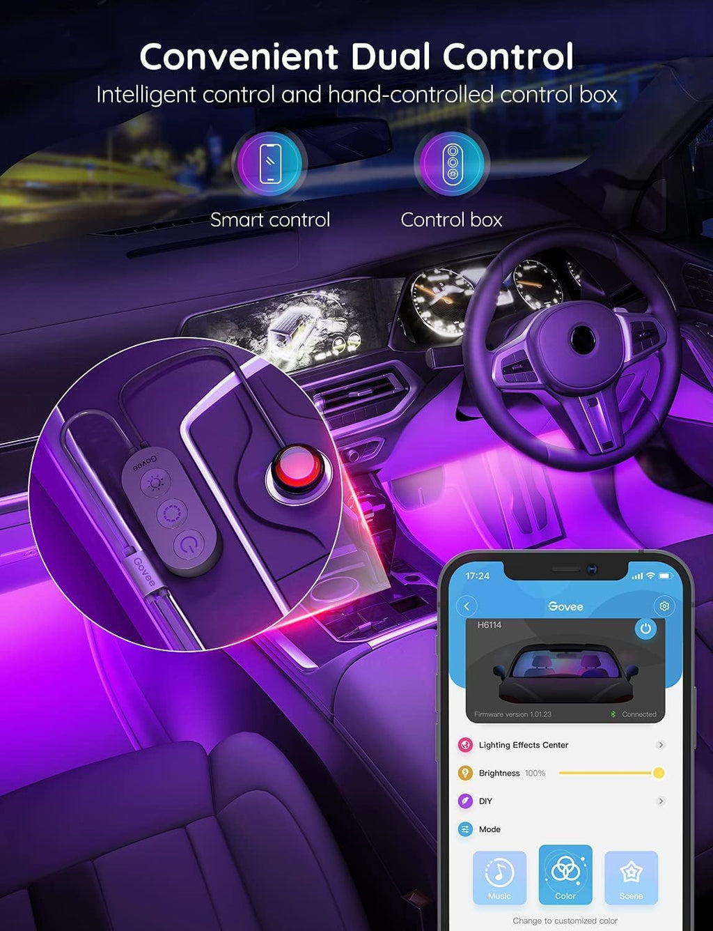 Interior Lights for Car, App Control Smart Car Lights with DIY Mode and Music Mode, Waterproof LED Interior Lights with 2 Lines Design, RGB under Dash Car LED Lights with Car Charger, DC 12V