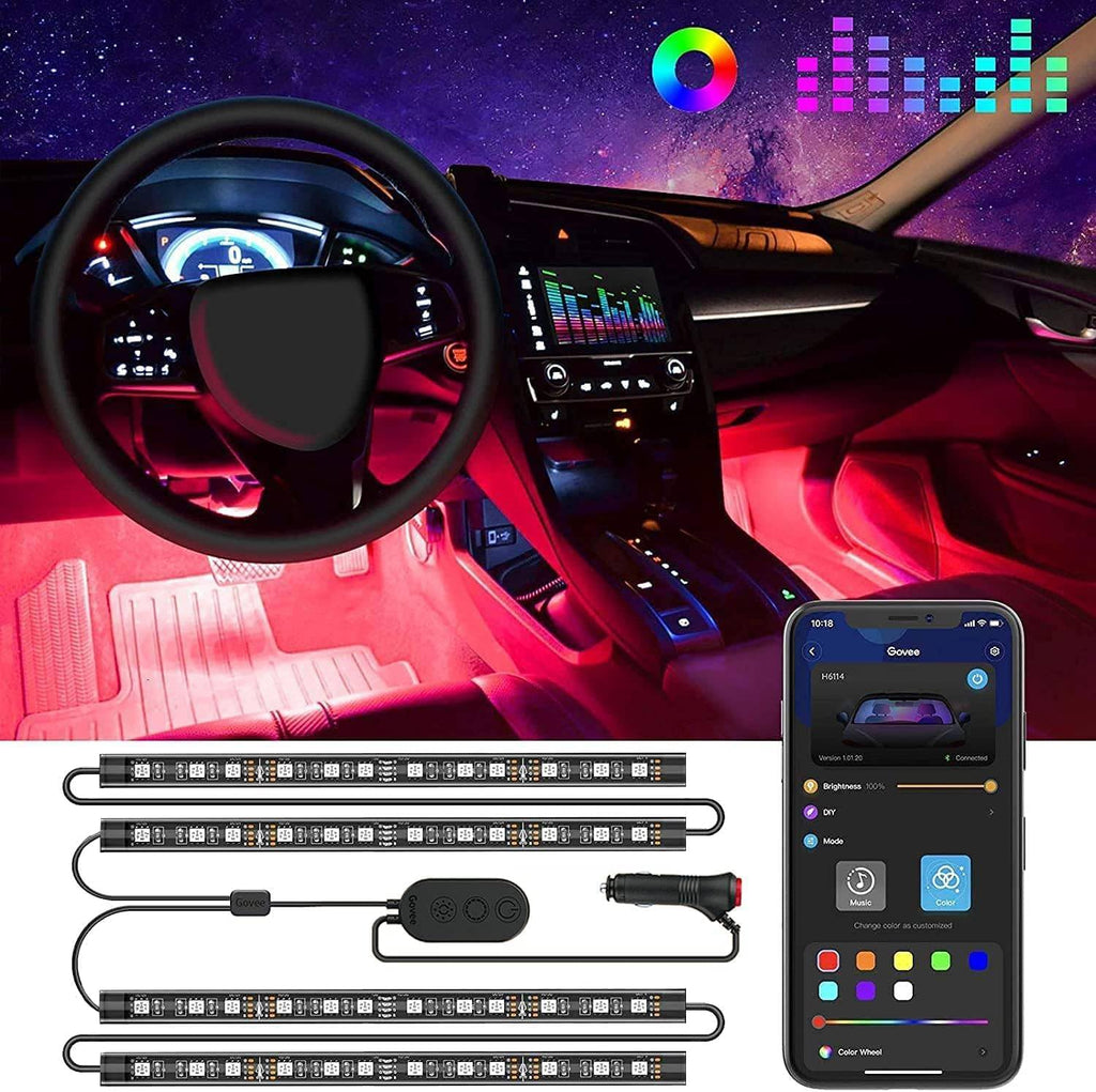 Interior Lights for Car, App Control Smart Car Lights with DIY Mode and Music Mode, Waterproof LED Interior Lights with 2 Lines Design, RGB under Dash Car LED Lights with Car Charger, DC 12V