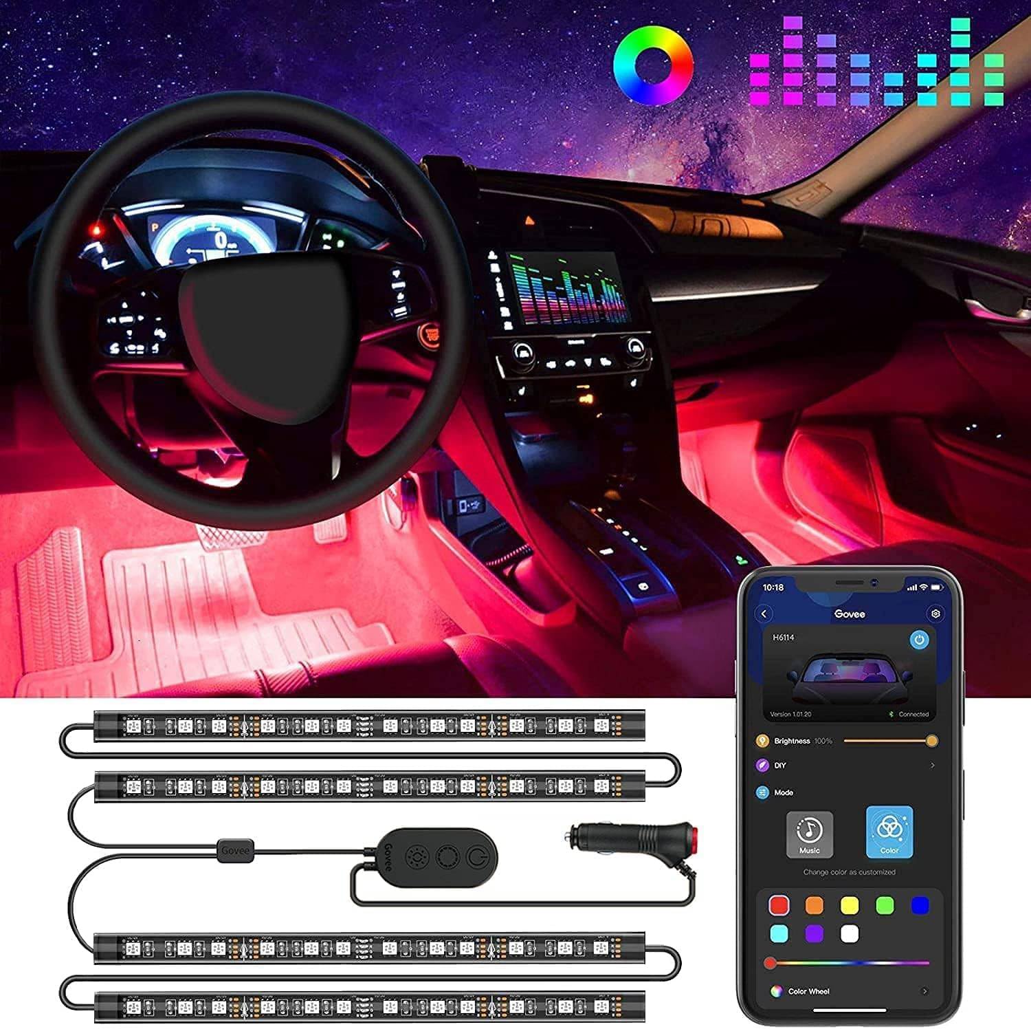 Interior Lights for Car, App Control Smart Car Lights with DIY Mode and Music Mode, Waterproof LED Interior Lights with 2 Lines Design, RGB under Dash Car LED Lights with Car Charger, DC 12V