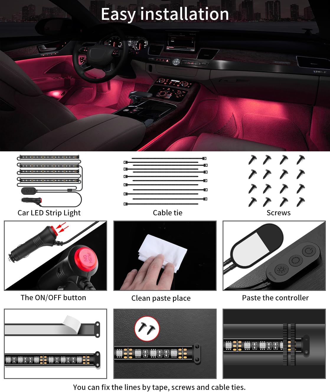 Interior Lights for Car, App Control Smart Car Lights with DIY Mode and Music Mode, Waterproof LED Interior Lights with 2 Lines Design, RGB under Dash Car LED Lights with Car Charger, DC 12V