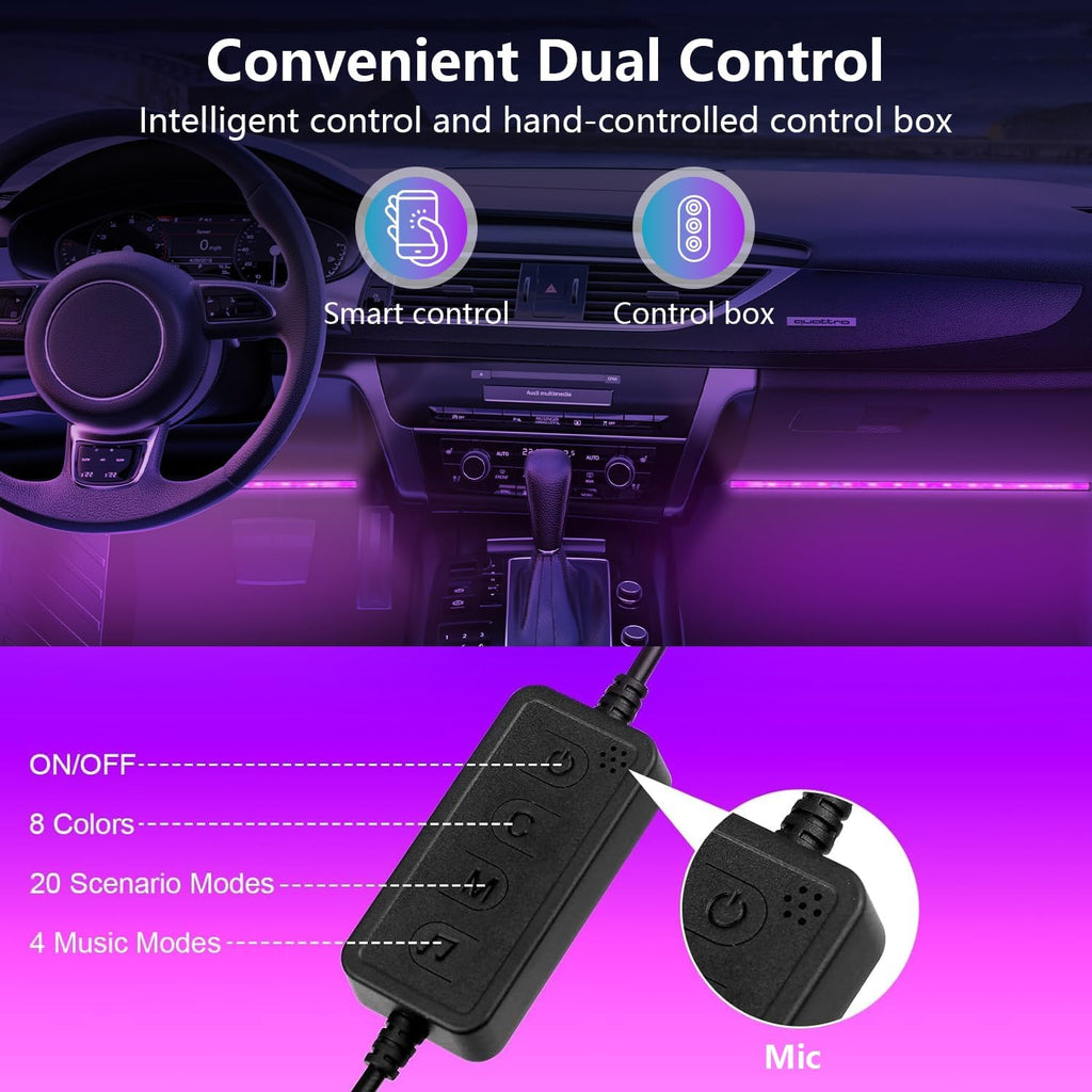 Smart Led Interior Car under Dash Lights with APP Rhythm Light Strip Multicolor Led Car Lights Kits, Sync Music,5V USB Car Led Lights