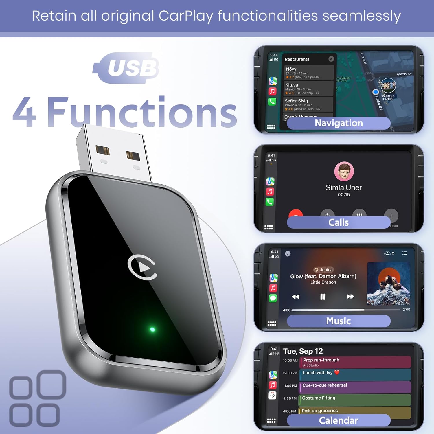 Wireless Carplay Adapter for Iphone, Convert Wired to Wireless Carplay Adapter, Mini Size with Extension Cable USB & Usb-C/Type-C, Stable Car Control & No Delay, Black