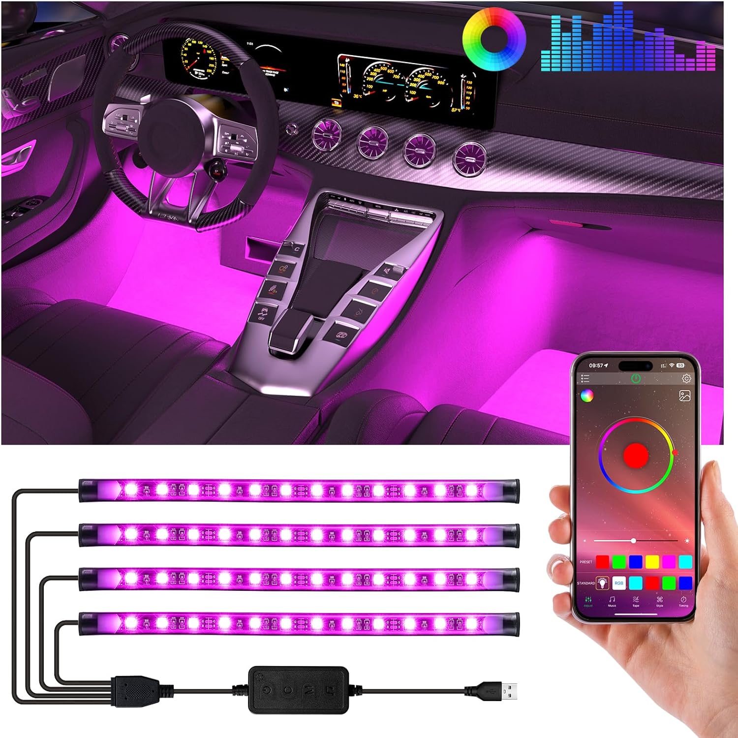 Smart Led Interior Car under Dash Lights with APP Rhythm Light Strip Multicolor Led Car Lights Kits, Sync Music,5V USB Car Led Lights